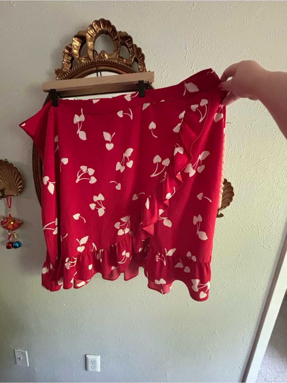 ModCloth Red Cherry Floral Ruffle Wrap Skirt